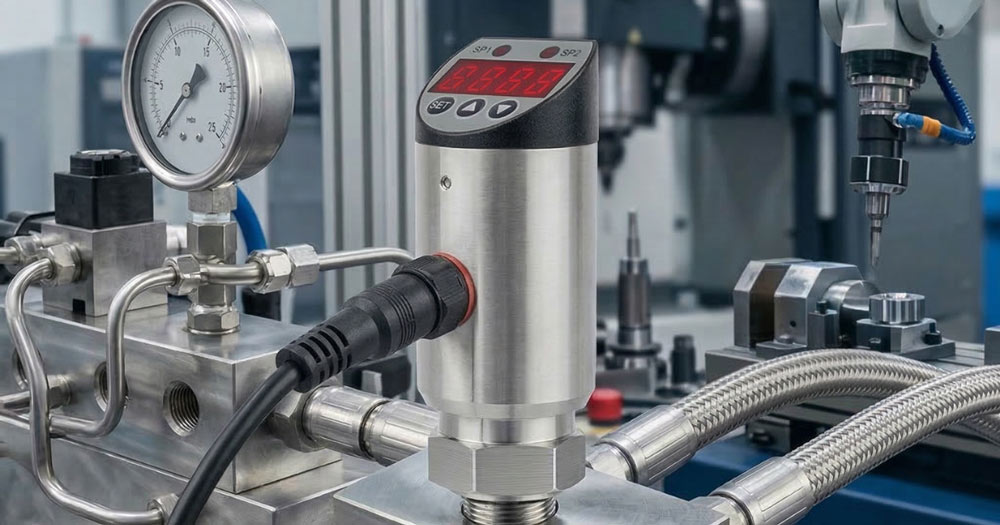 A sharp, detailed close-up photograph of a hydraulic installation in a modern industrial environment. At the center, mounted on a polished stainless steel manifold block, there is an Elettrotec EPX02 digital pressure transducer with a stainless steel body and a red LED display showing the reading ‘8.8.8.8’ (inactive) with ‘BAR’ below. The transducer is connected to a black M12 connector cable. On the left, an analog pressure gauge with a 0–20 BAR scale and stainless steel body is mounted on the same manifold block. Several braided hydraulic hoses and rigid steel pipes are connected to the manifold. In the slightly blurred background, precision workshop machinery can be seen, including a CNC milling machine and a multi-axis robotic arm, highlighting the system’s real-world application in a manufacturing context.