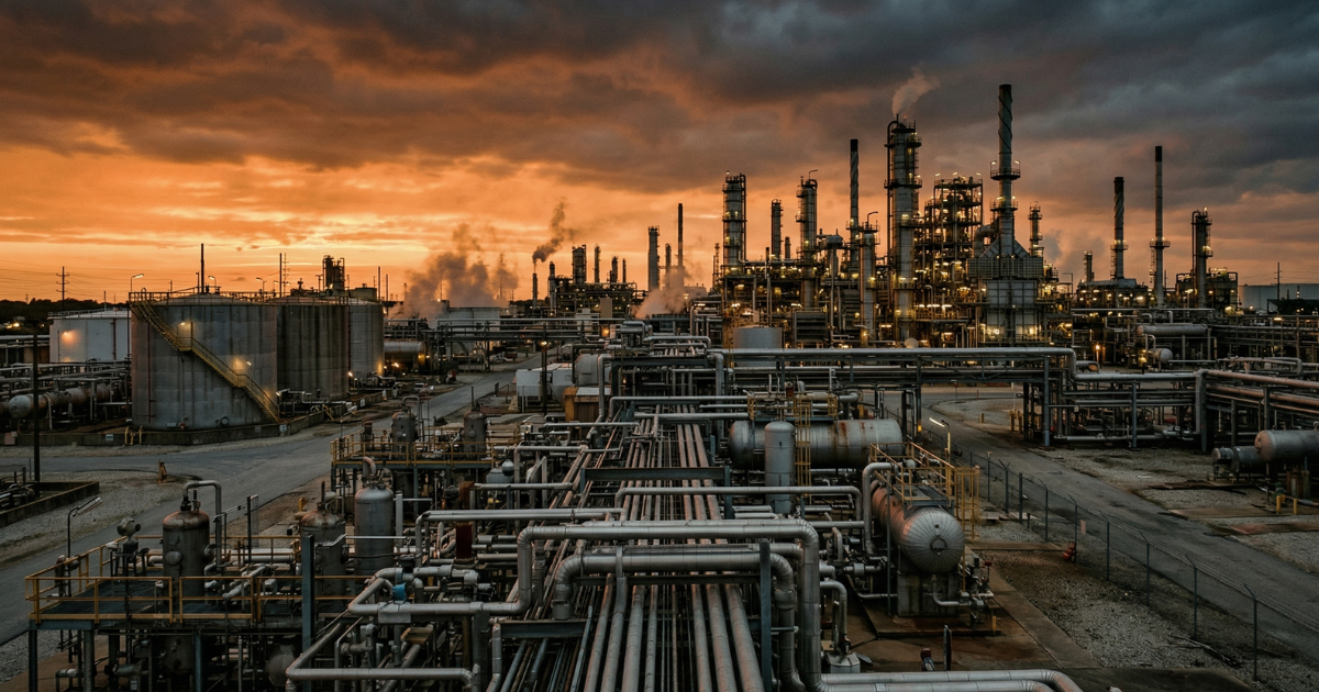 Industrial petrochemical plant subject to ATEX regulations for explosion-risk environments