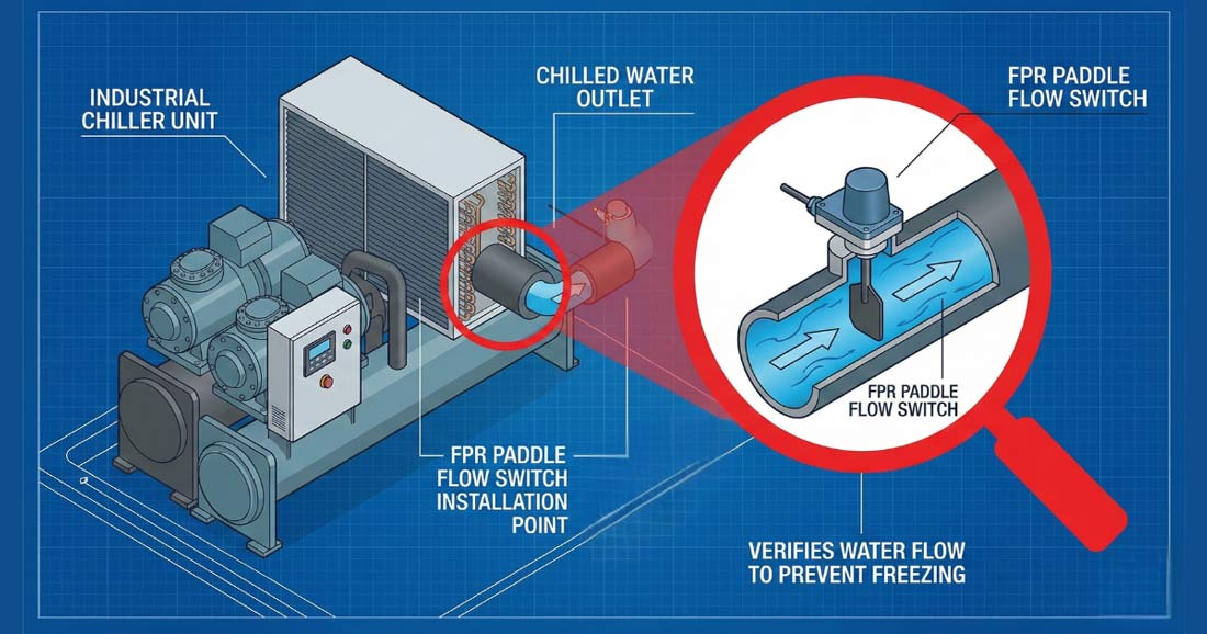 Paddle flow switch installed on an industrial chiller for chilled water flow monitoring