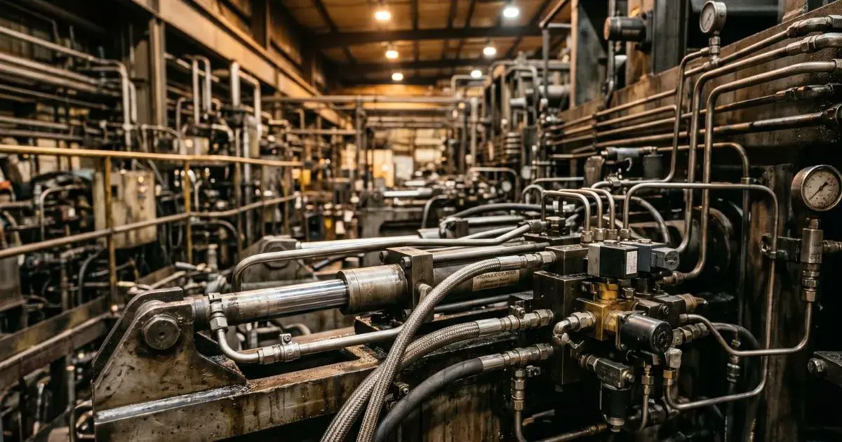 Industrial hydraulic system with piping and pressure control components