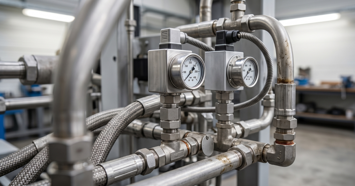 UL-certified industrial pressure switches installed on a hydraulic system for the USA and Canada market
