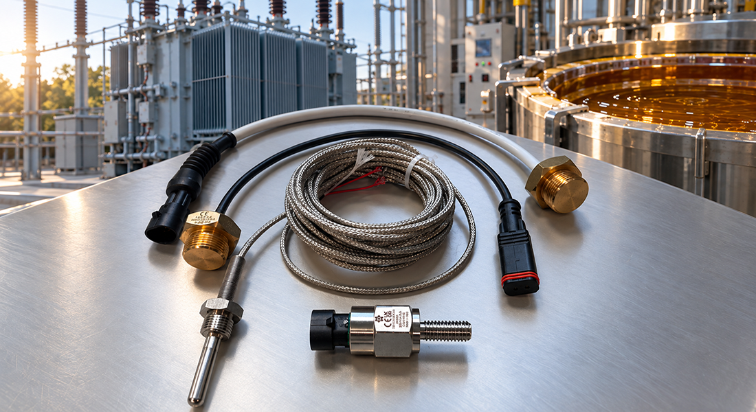 Components of custom Elettrotec industrial thermostats for transformers and resin impregnation systems: immersion probes, shielded cables and Deutsch, Delphi and AMP Superseal connectors