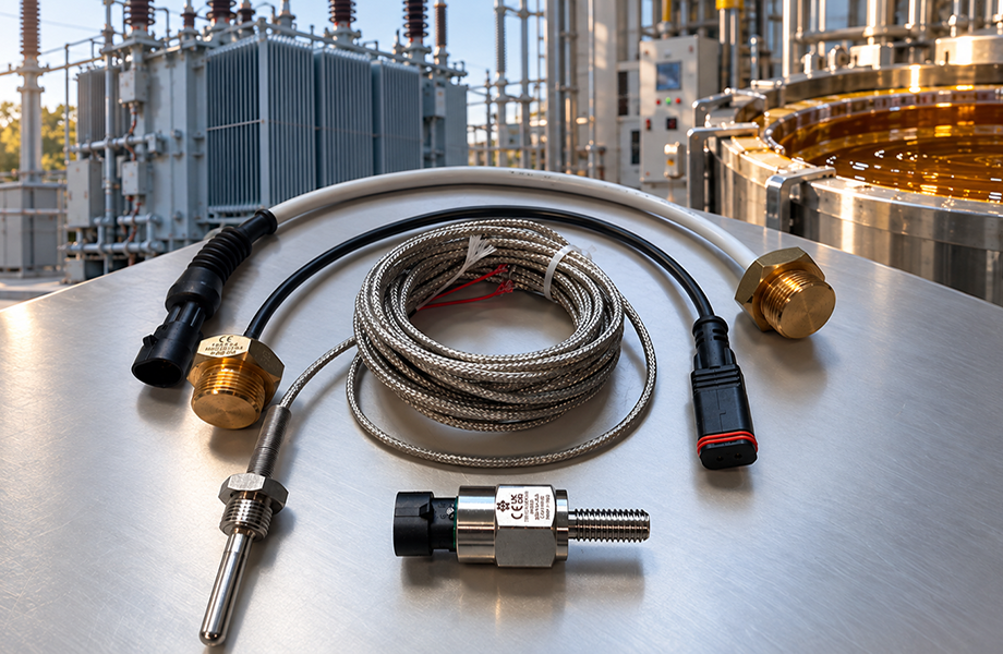 Componenti dei termostati industriali Elettrotec personalizzati per trasformatori e impianti di impregnazione delle resine: sonde a immersione, cavi schermati e connettori Deutsch, Delphi e AMP Superseal